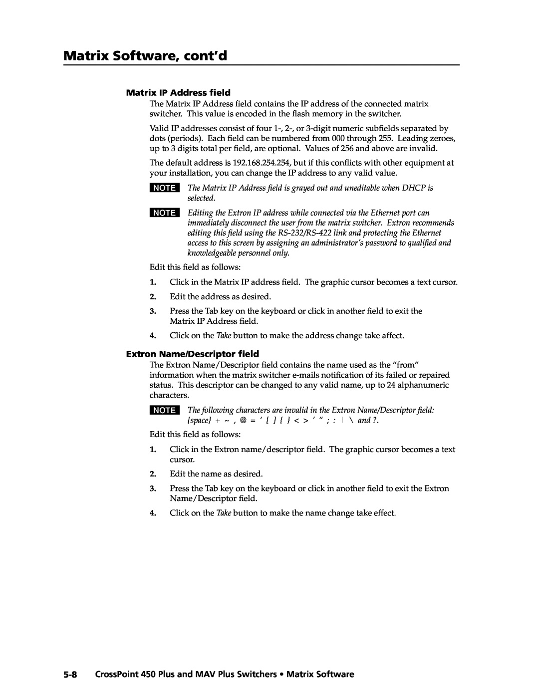 Extron electronic MAV Plus, 450 Plus manual Matrix Software, cont’d, Matrix IP Address ﬁeld, Extron Name/Descriptor ﬁeld 