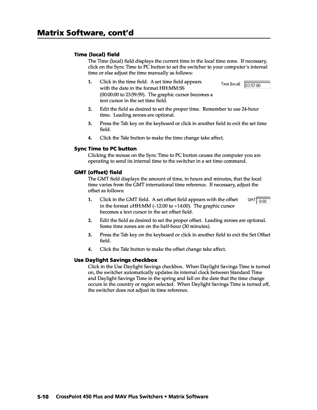 Extron electronic MAV Plus, 450 Plus Matrix Software, cont’d, Time local ﬁeld, Sync Time to PC button, GMT offset ﬁeld 