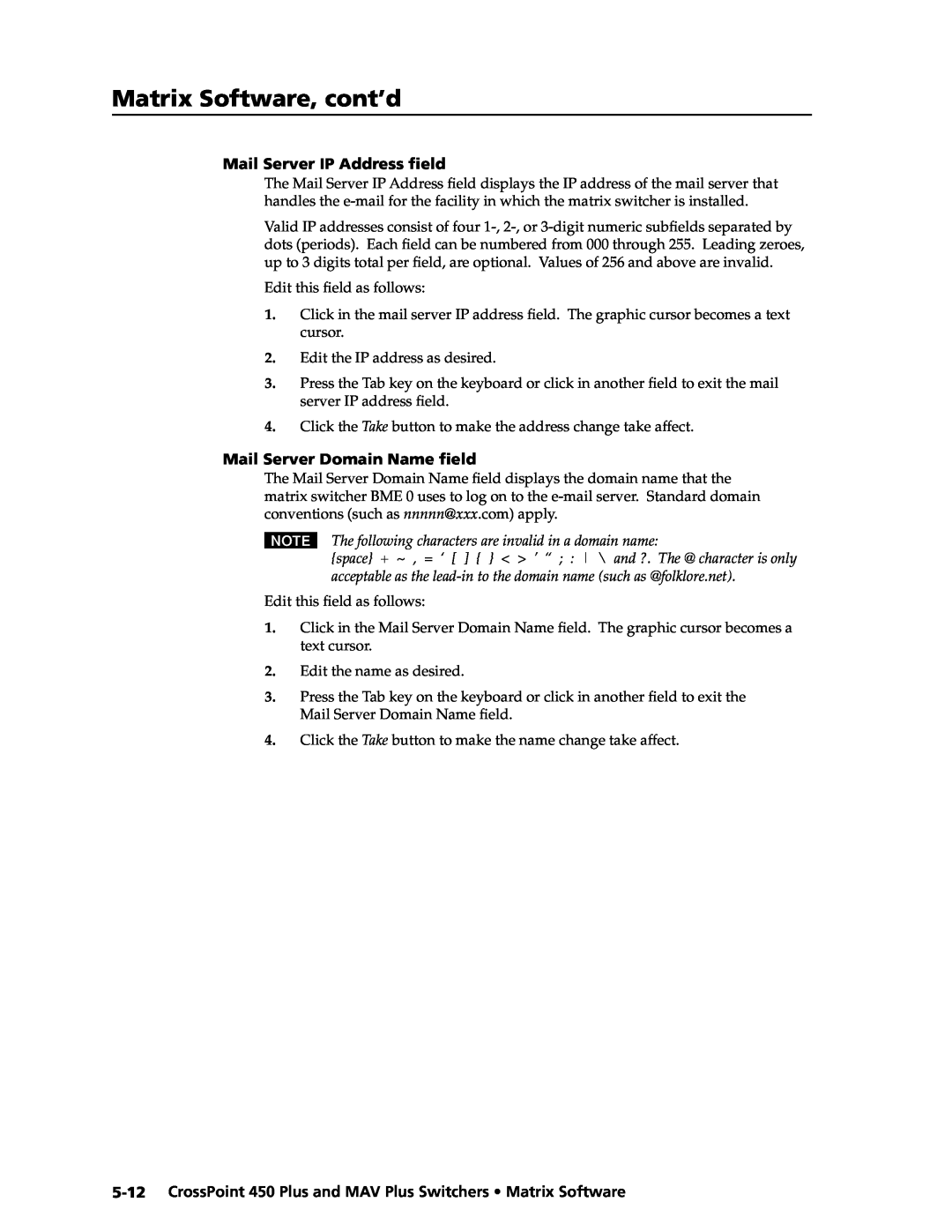 Extron electronic MAV Plus, 450 Plus Matrix Software, cont’d, Mail Server IP Address ﬁeld, Mail Server Domain Name ﬁeld 