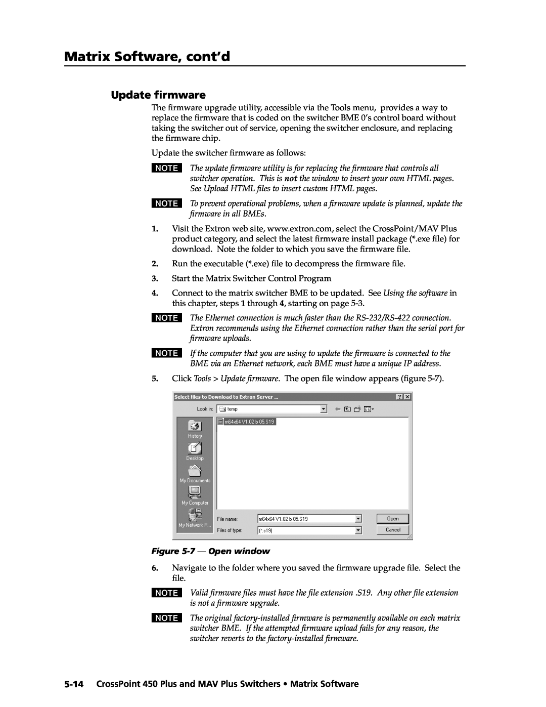 Extron electronic MAV Plus, 450 Plus manual Update ﬁrmware, Matrix Software, cont’d, 7 - Open window 