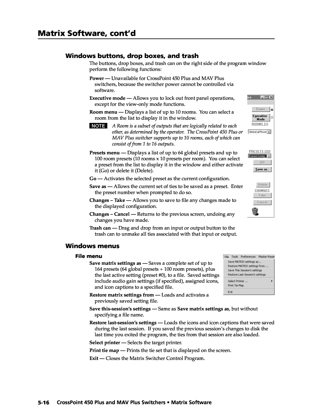 Extron electronic MAV Plus manual Windows buttons, drop boxes, and trash, Windows menus, Matrix Software, cont’d, File menu 