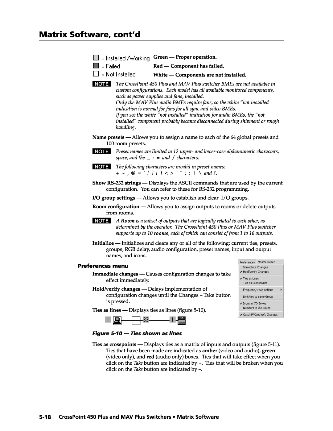 Extron electronic MAV Plus Matrix Software, cont’d, Green - Proper operation Red - Component has failed, Preferences menu 