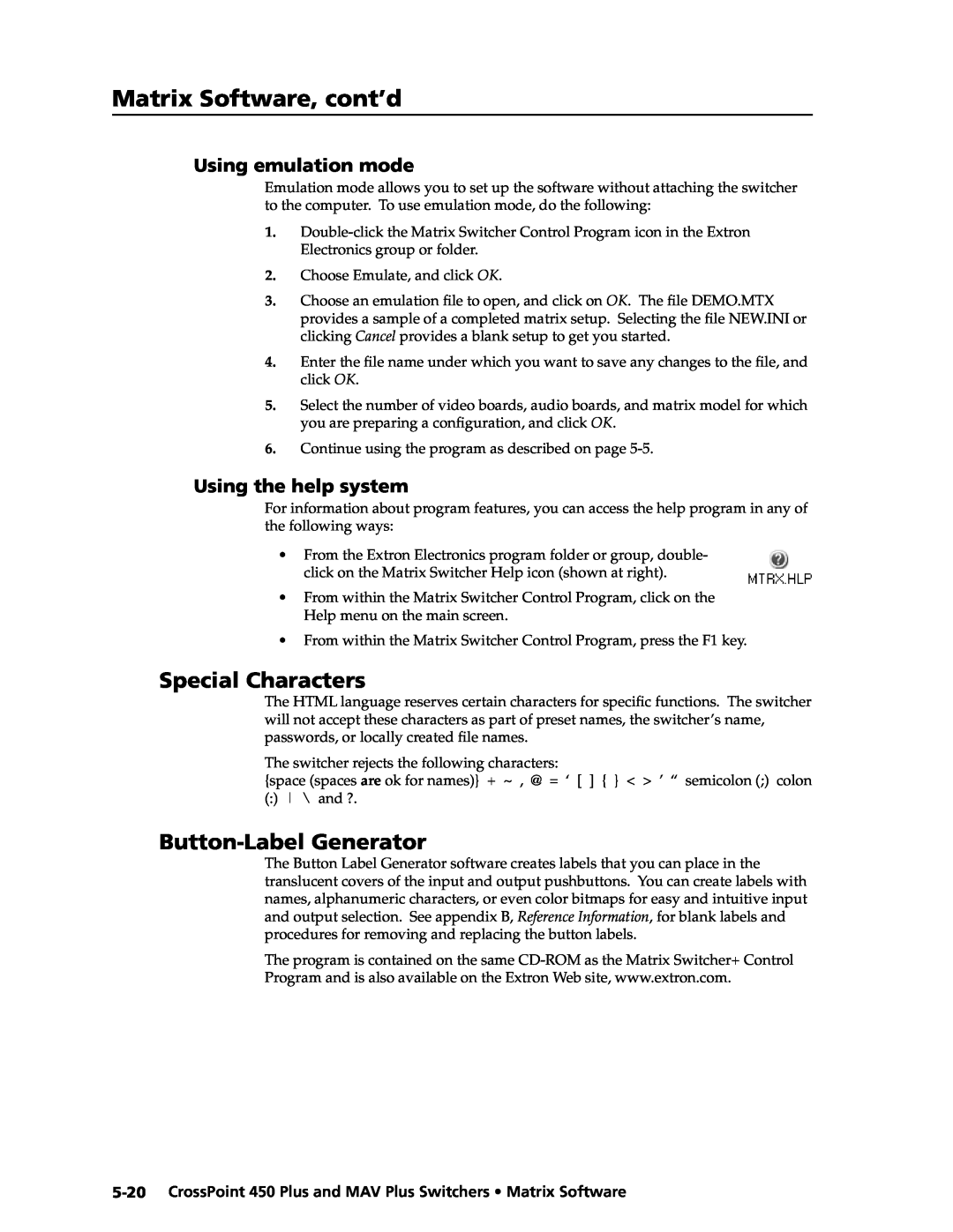 Extron electronic MAV Plus Button-Label Generator, Using emulation mode, Using the help system, Matrix Software, cont’d 