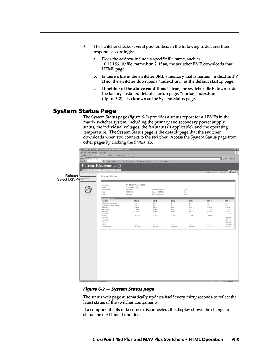 Extron electronic 450 Plus, MAV Plus manual System Status Page, 2 - System Status page 