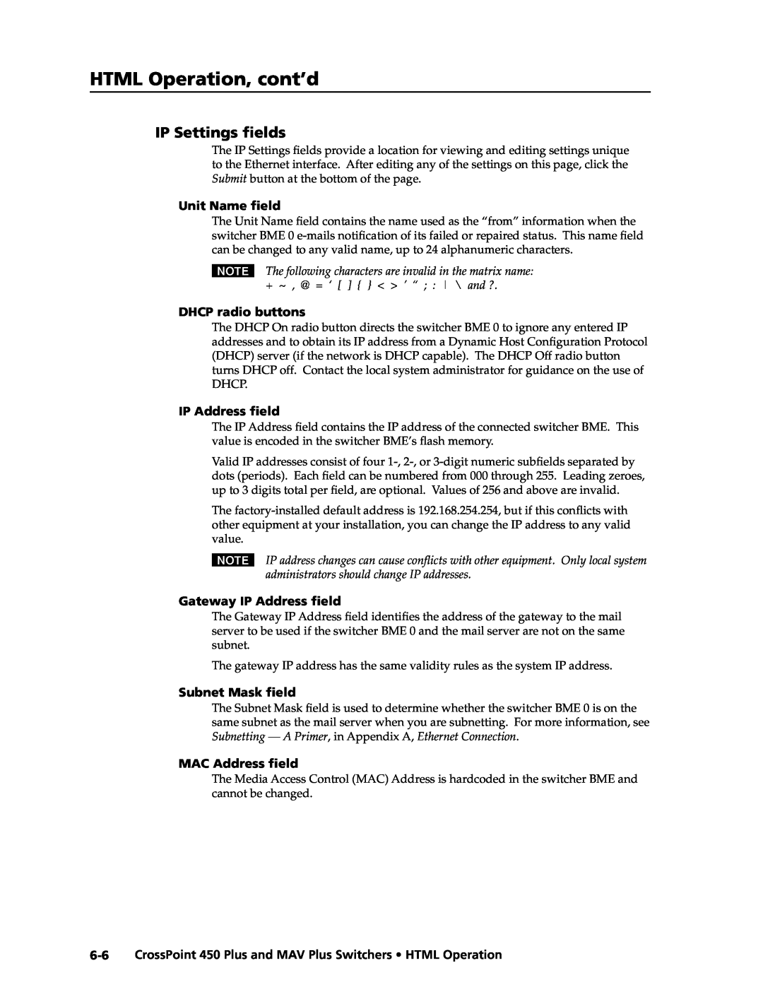 Extron electronic MAV Plus IP Settings ﬁelds, HTML Operation, cont’d, Unit Name ﬁeld, DHCP radio buttons, IP Address ﬁeld 