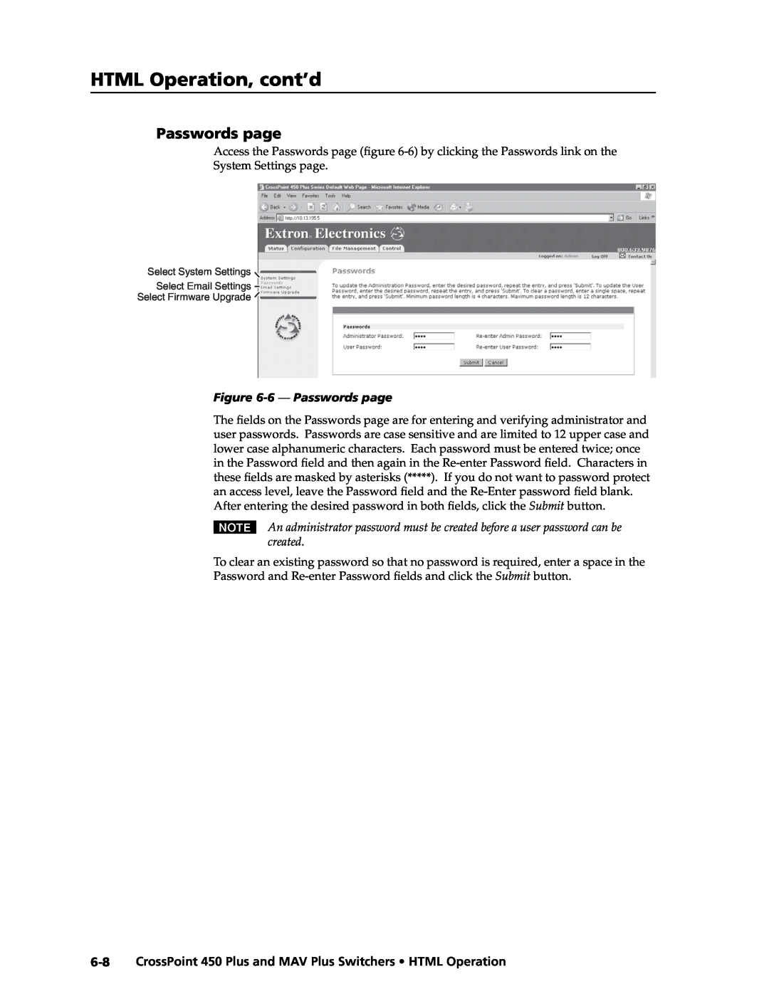 Extron electronic MAV Plus, 450 Plus manual HTML Operation, cont’d, 6 - Passwords page 