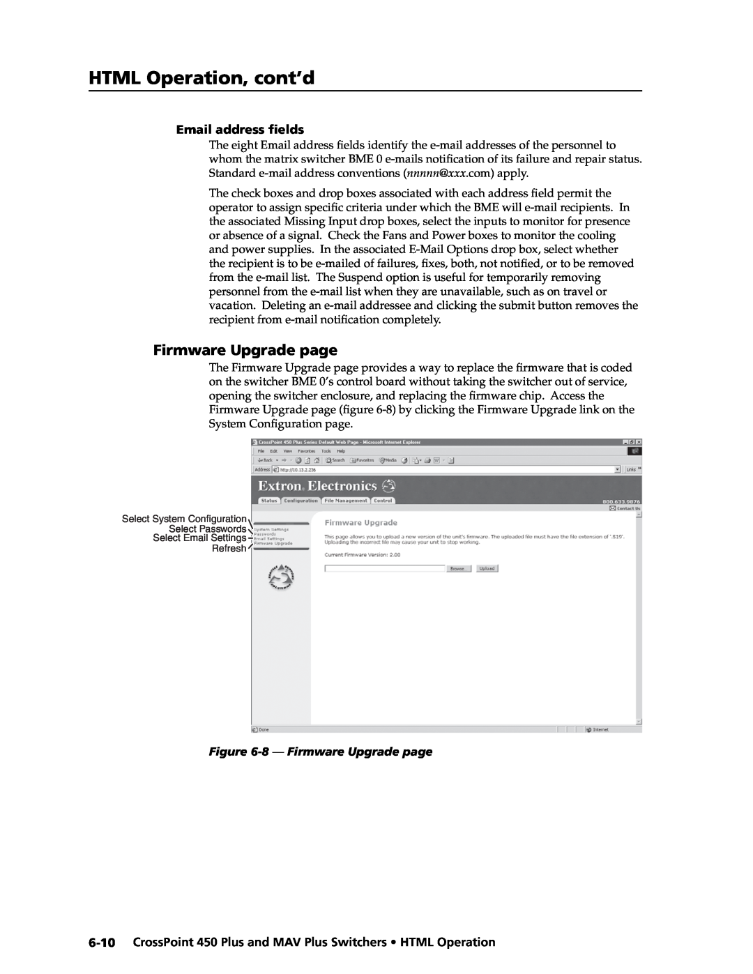 Extron electronic MAV Plus, 450 Plus manual HTML Operation, cont’d, Email address ﬁelds, 8 - Firmware Upgrade page 