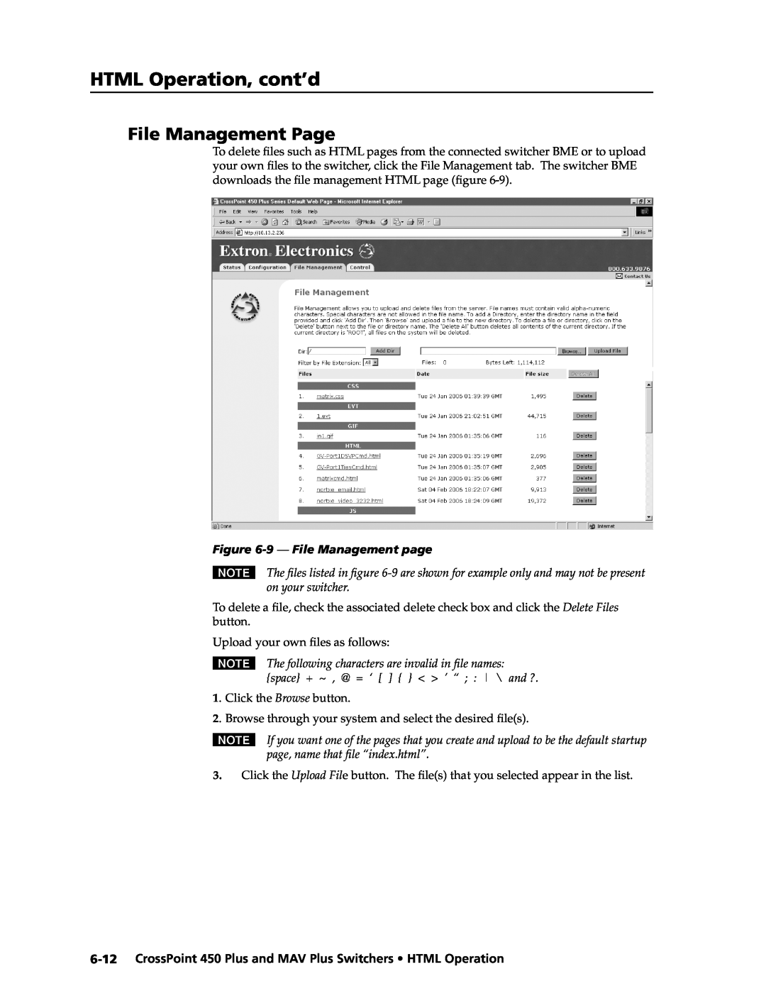 Extron electronic MAV Plus, 450 Plus manual File Management Page, HTML Operation, cont’d, 9 - File Management page 