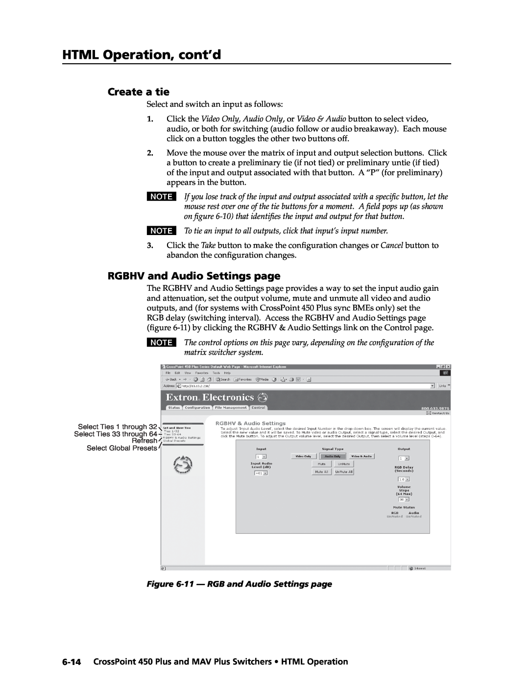 Extron electronic MAV Plus, 450 Plus manual Create a tie, RGBHV and Audio Settings page, HTML Operation, cont’d 