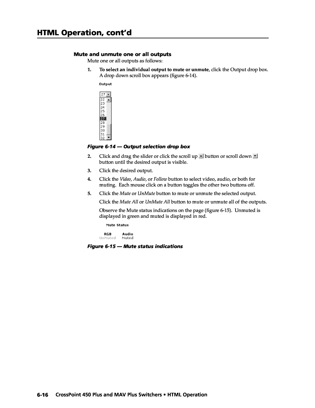 Extron electronic MAV Plus HTML Operation, cont’d, Mute and unmute one or all outputs, 14 - Output selection drop box 
