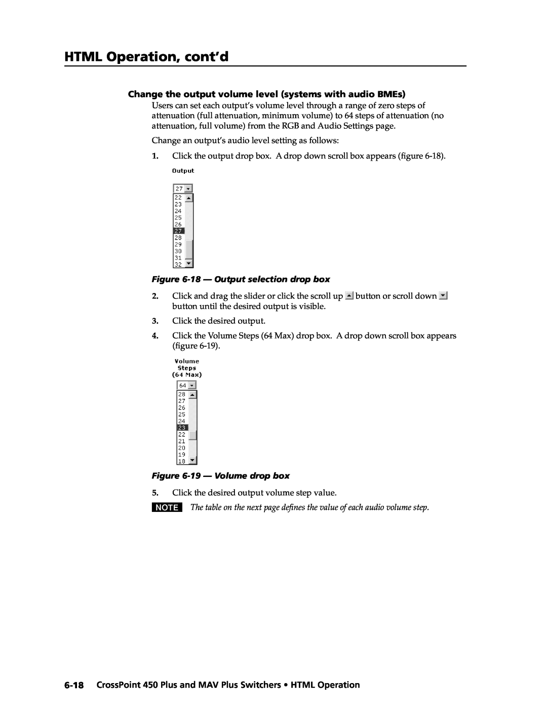 Extron electronic MAV Plus, 450 Plus manual HTML Operation, cont’d, Change the output volume level systems with audio BMEs 