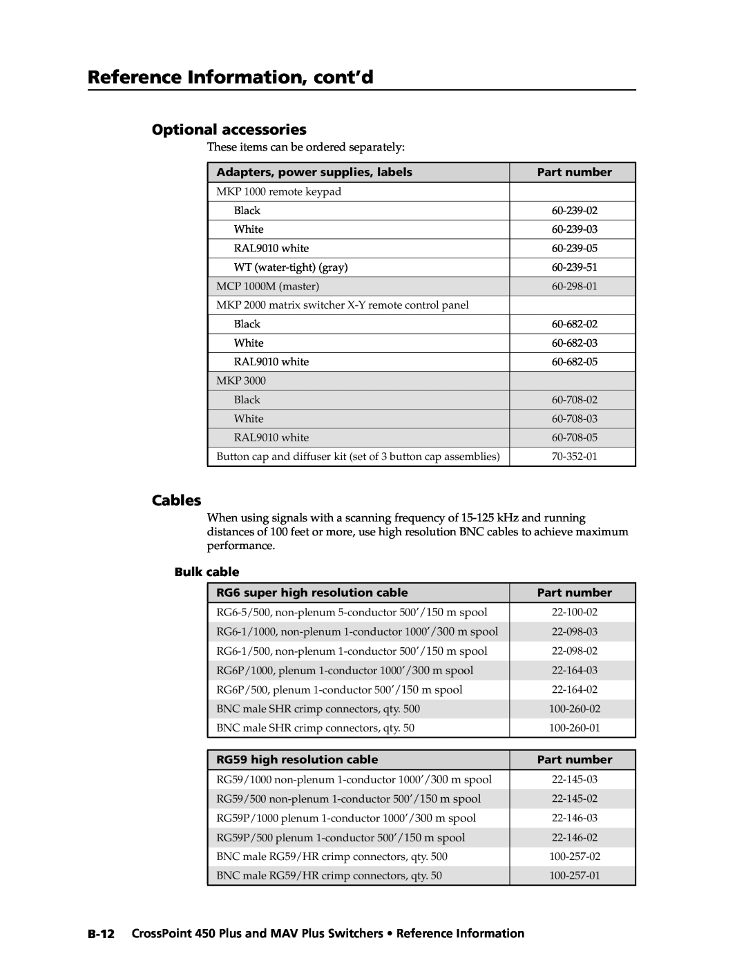 Extron electronic MAV Plus Optional accessories, Cables, Reference Information, cont’d, Adapters, power supplies, labels 