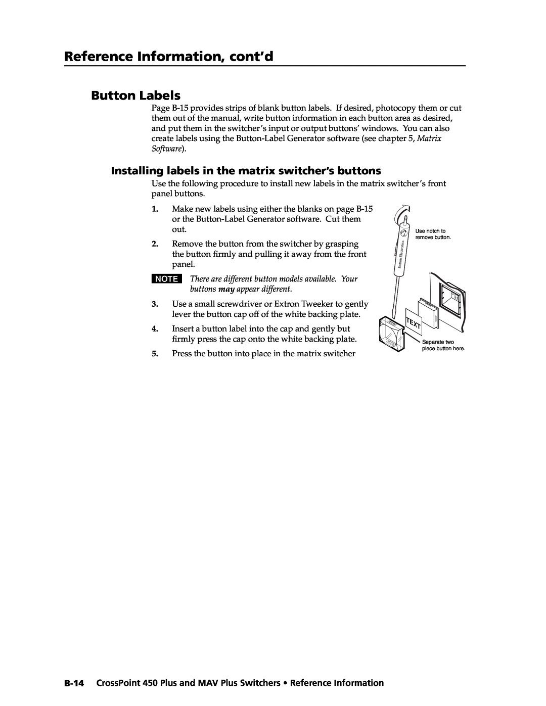 Extron electronic MAV Plus, 450 Plus manual Button Labels, Installing labels in the matrix switcher’s buttons 