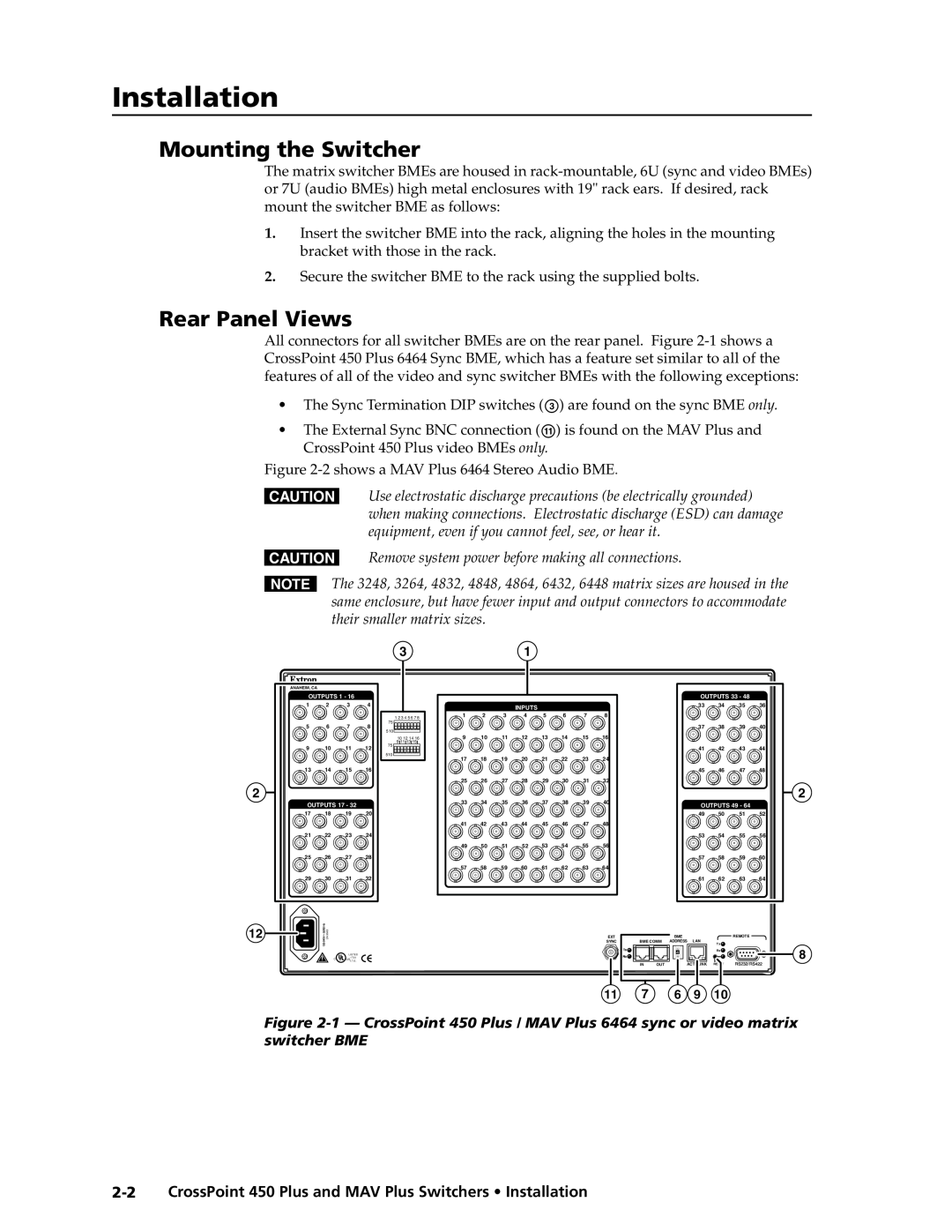 Extron electronic MAV Plus, 450 Plus manual Mounting the Switcher, Rear Panel Views, Installation 