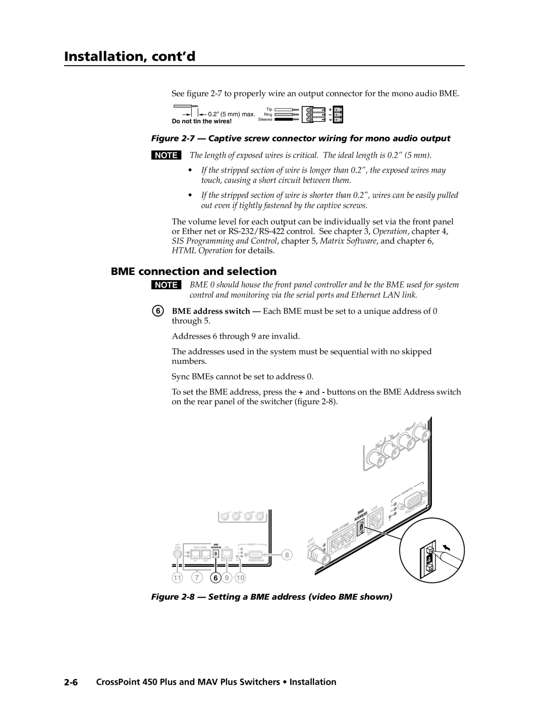 Extron electronic MAV Plus BME connection and selection, Installation, cont’d, 8 - Setting a BME address video BME shown 