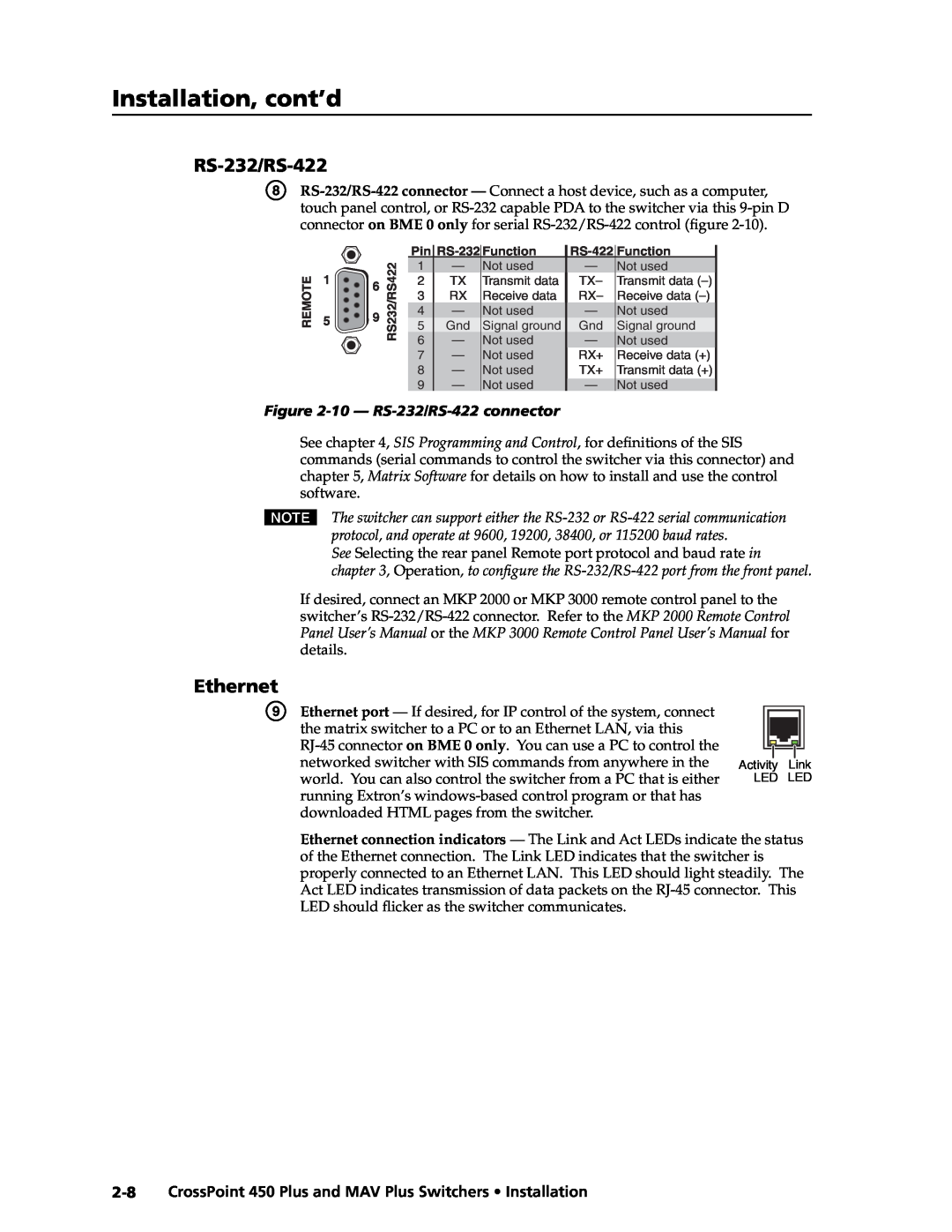 Extron electronic MAV Plus, 450 Plus manual Ethernet, Installation, cont’d, 10 - RS-232/RS-422 connector 