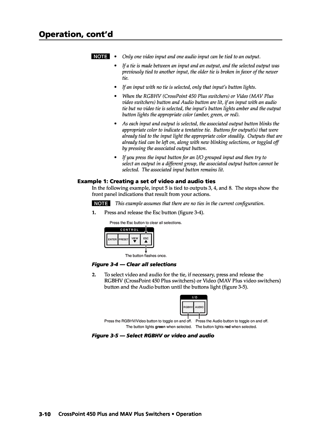 Extron electronic MAV Plus Operation, cont’d, Example 1 Creating a set of video and audio ties, 4 - Clear all selections 