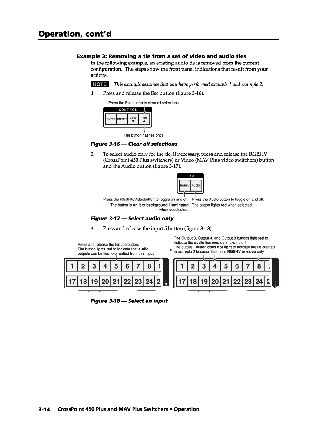 Extron electronic MAV Plus manual Operation, cont’d, 1 2 3 4 5 6 7, 17 18 19 20 21 22 23, 16 - Clear all selections, I / O 