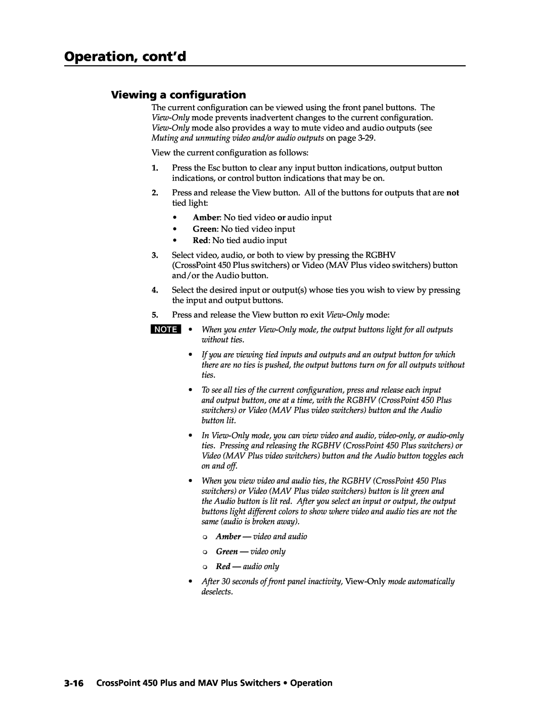 Extron electronic manual Viewing a conﬁguration, Operation, cont’d, CrossPoint 450 Plus and MAV Plus Switchers Operation 