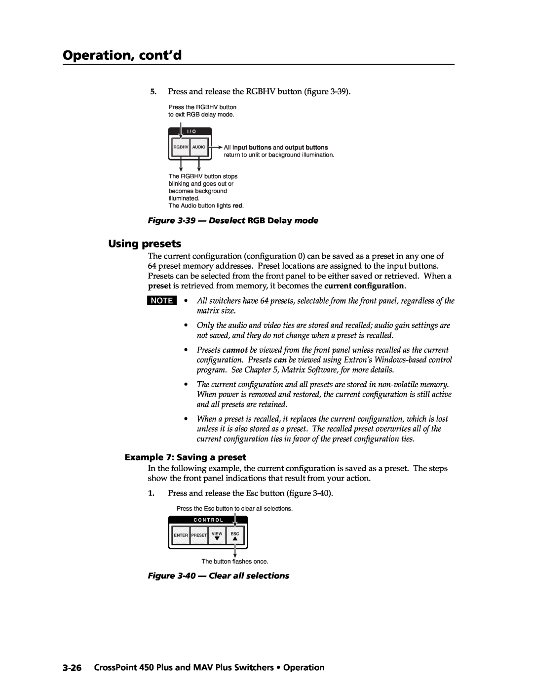 Extron electronic MAV Plus manual Using presets, Operation, cont’d, 39 - Deselect RGB Delay mode, Example 7 Saving a preset 