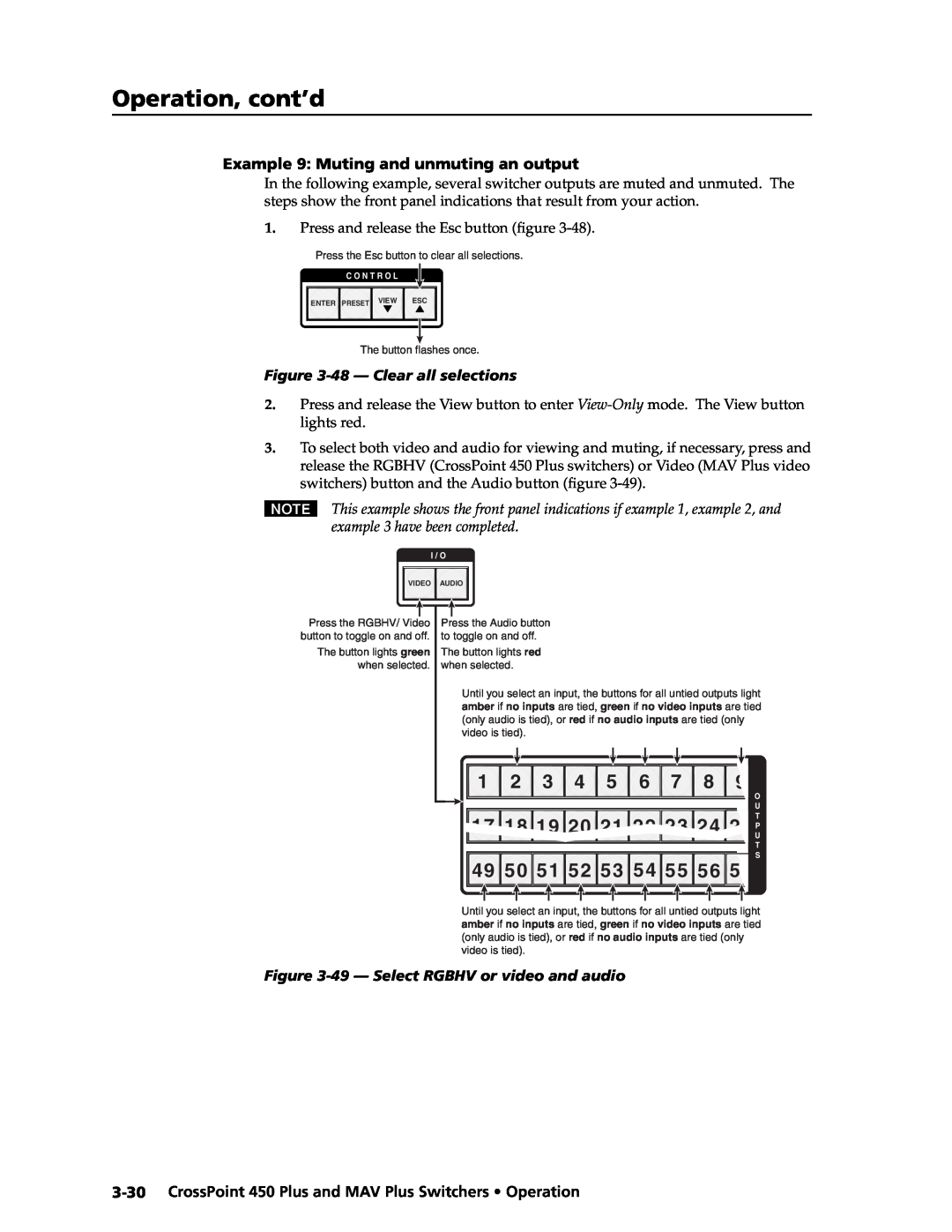 Extron electronic MAV Plus, 450 Plus manual Operation, cont’d, 49 50 51 52 53 54 55, Example 9 Muting and unmuting an output 