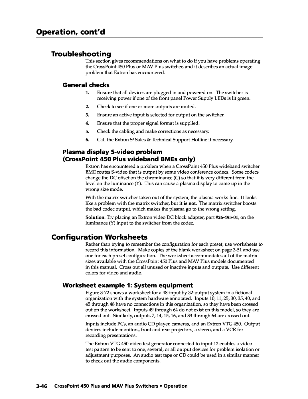 Extron electronic MAV Plus Troubleshooting, Conﬁguration Worksheets, General checks, Worksheet example 1 System equipment 