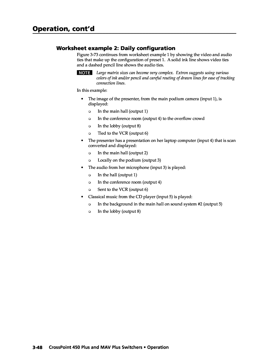 Extron electronic MAV Plus, 450 Plus manual Worksheet example 2 Daily conﬁguration, Operation, cont’d 