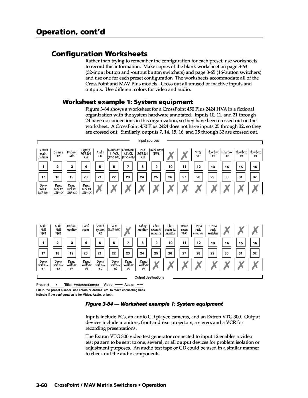 Extron electronic MAV Plus Series manual Configuration Worksheets, Worksheet example 1 System equipment, Operation, cont’d 