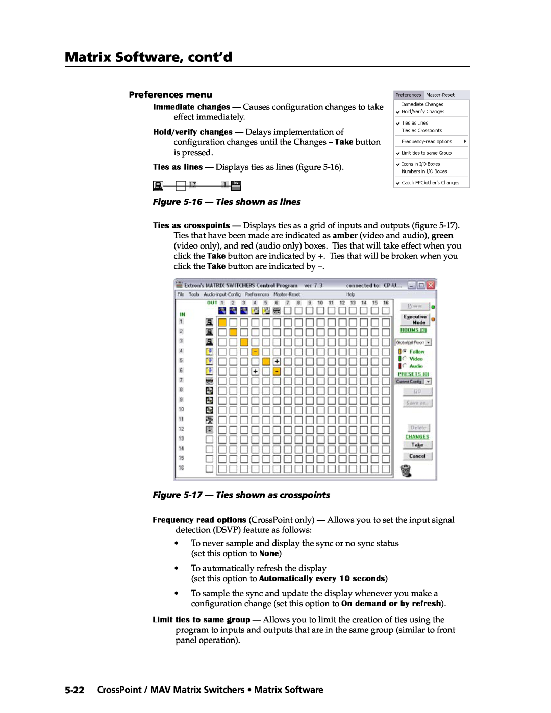 Extron electronic MAV Plus Series, Ultra Series manual Matrix Software, cont’d, Preferences menu, 16 - Ties shown as lines 