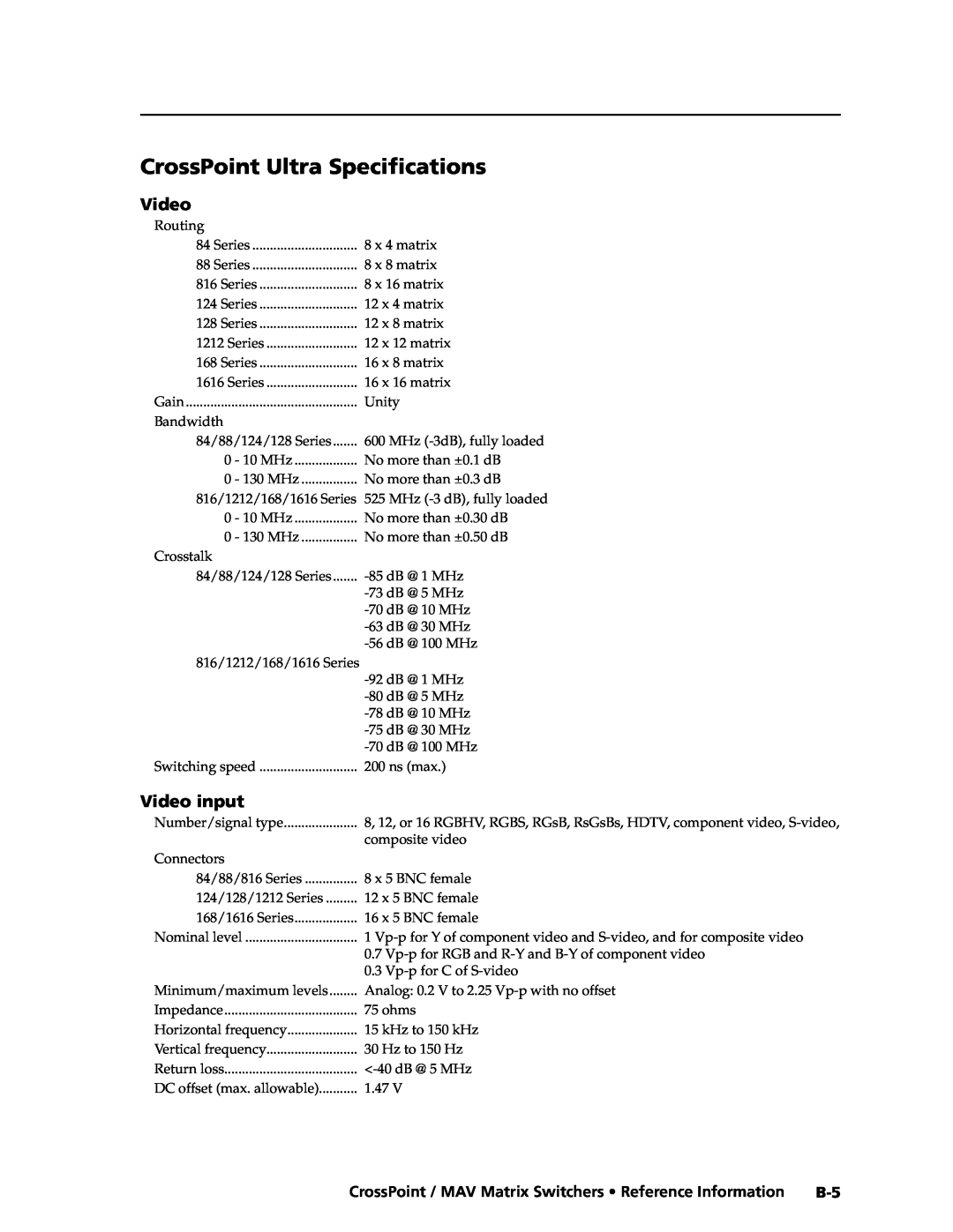 Extron electronic Ultra Series, MAV Plus Series manual CrossPoint Ultra Specifications, Video input 