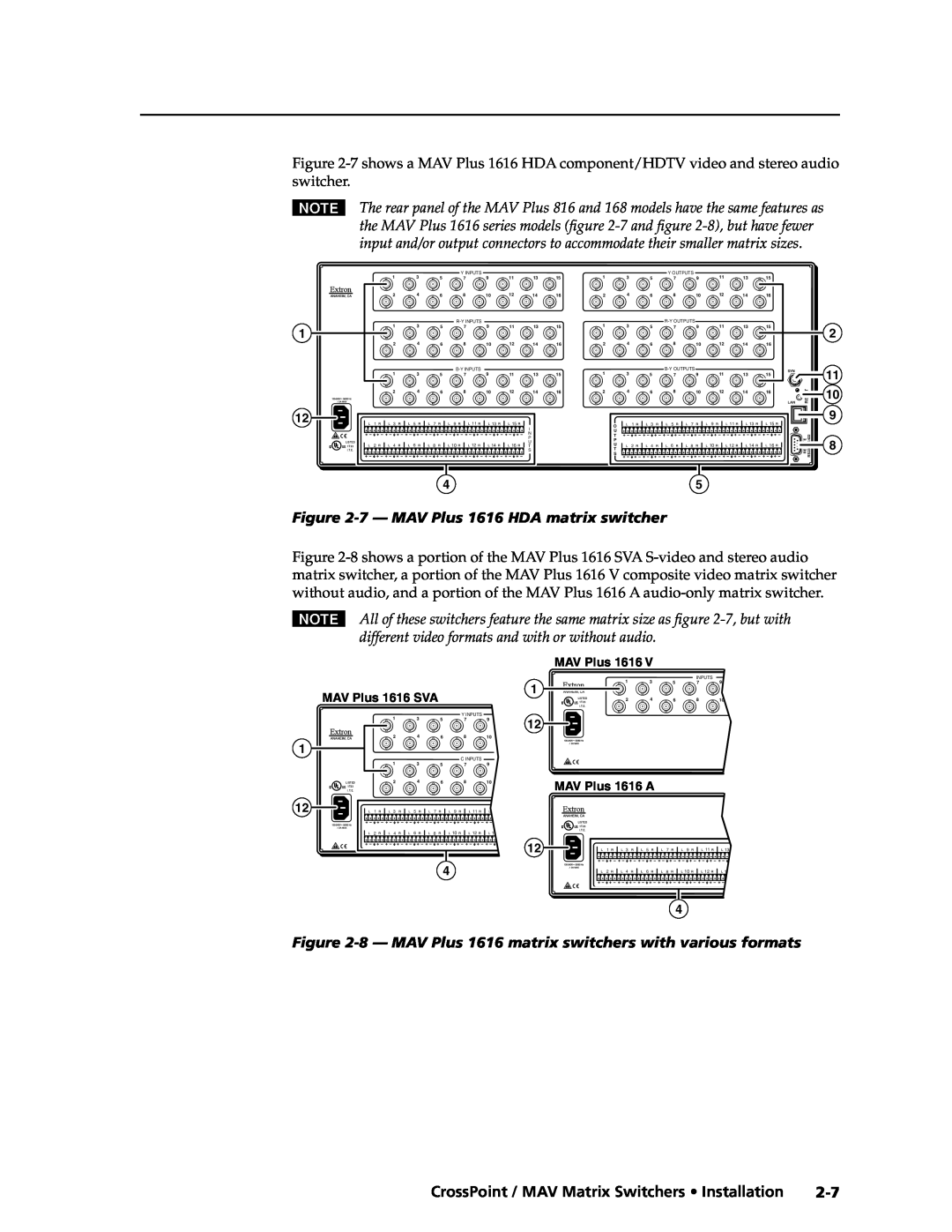 Extron electronic Ultra Series manual 7 - MAV Plus 1616 HDA matrix switcher, CrossPoint / MAV Matrix Switchers Installation 