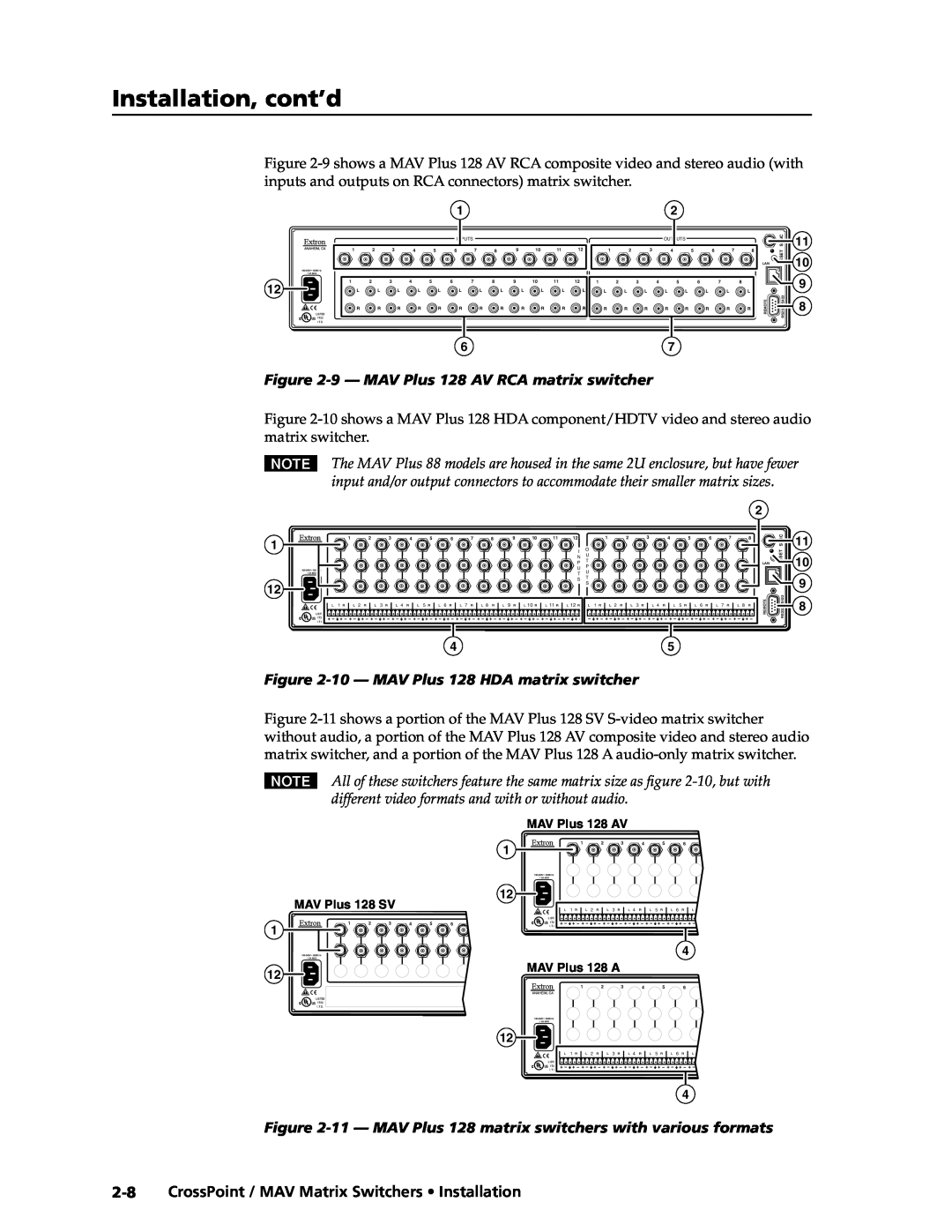 Extron electronic MAV Plus Series Installation, cont’d, 9 - MAV Plus 128 AV RCA matrix switcher, Inputs, Outputs, Sync 