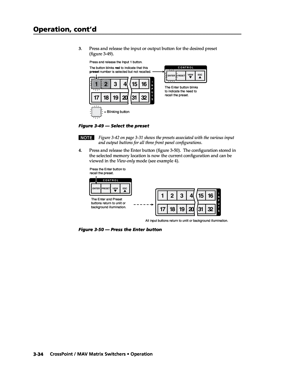 Extron electronic MAV Plus Series 1 2 3 4 15, Operation, cont’d, 49 - Select the preset, 50 - Press the Enter button, View 