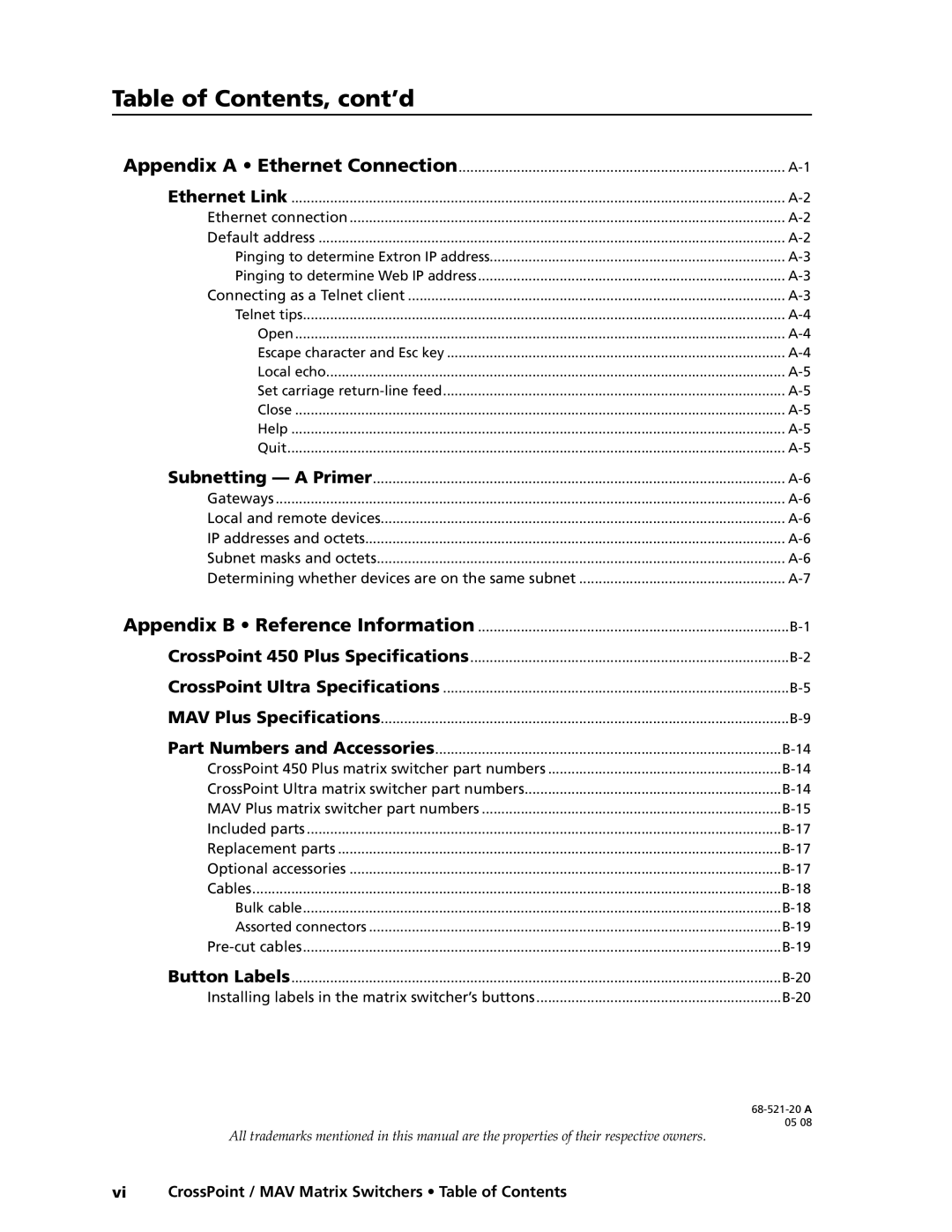 Extron electronic MAV Plus Series, Ultra Series manual Vi CrossPoint / MAV Matrix Switchers Table of Contents 