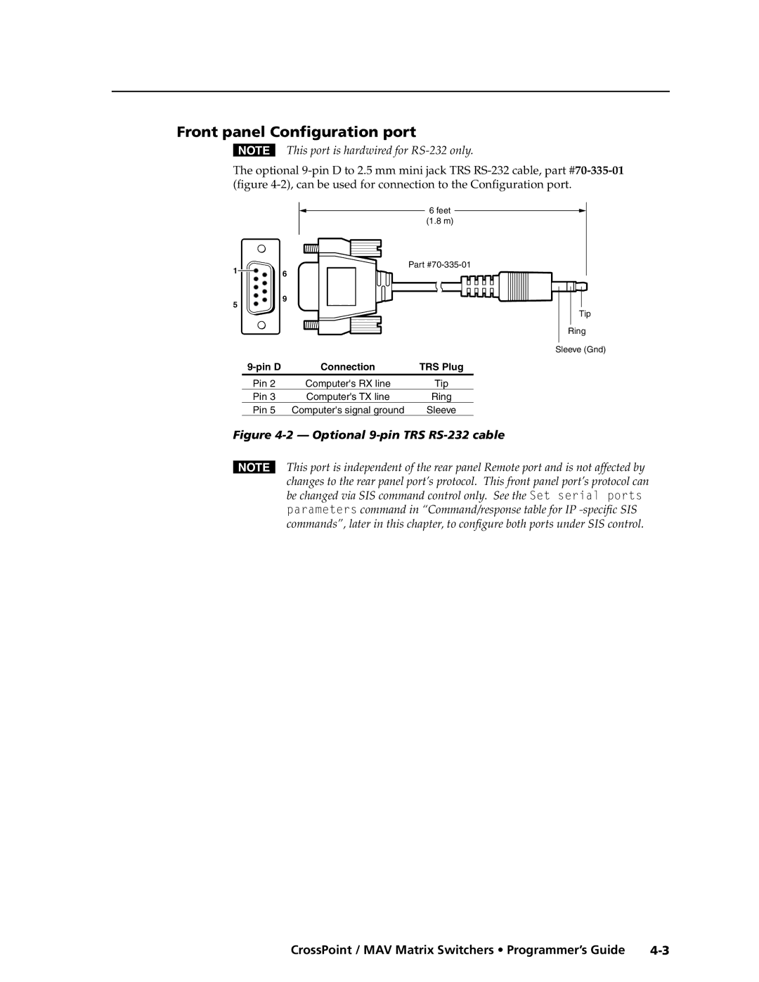 Extron electronic Ultra Series, MAV Plus Series Front panel Configuration port, This port is hardwired for RS-232 only 