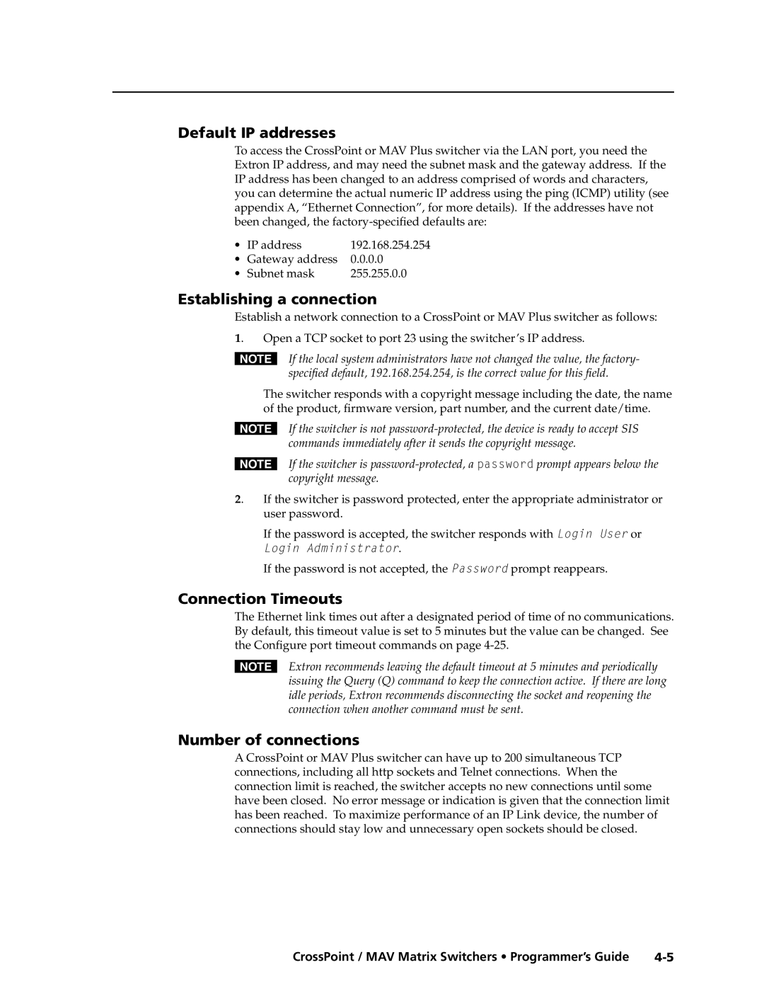 Extron electronic Ultra Series Default IP addresses, Establishing a connection, Connection Timeouts, Number of connections 