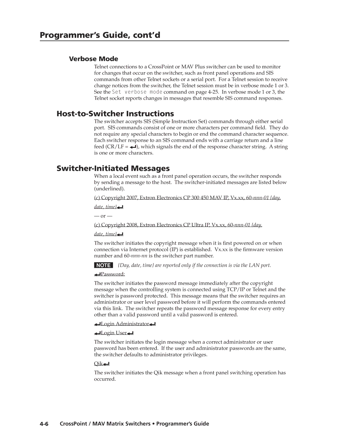 Extron electronic MAV Plus Series, Ultra Series Host-to-Switcher Instructions, Switcher-Initiated Messages, Verbose Mode 