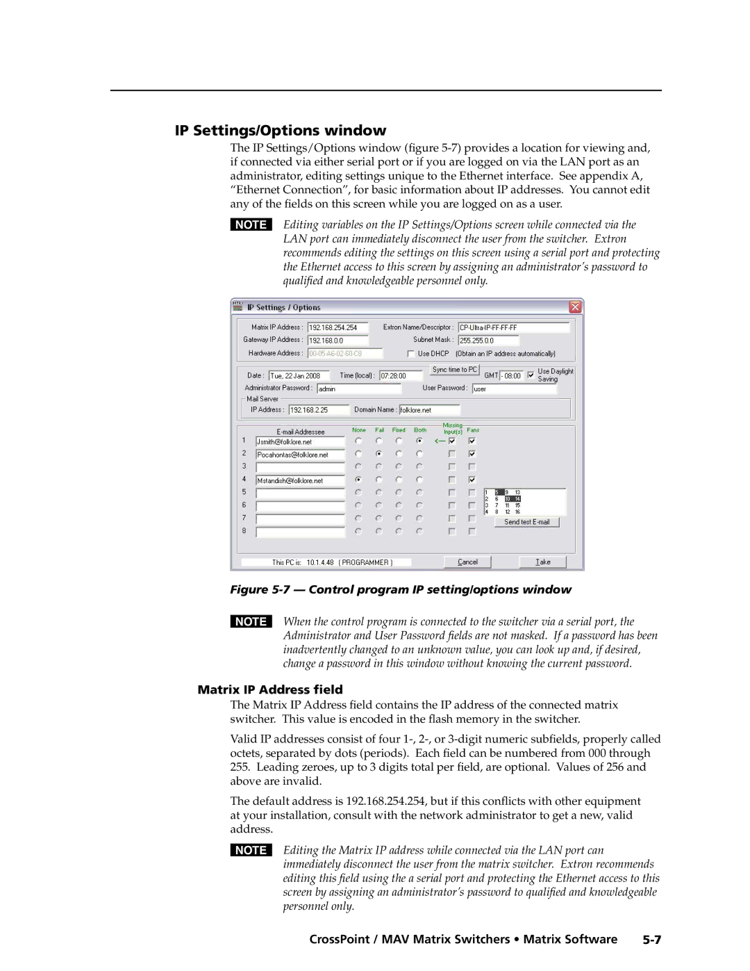 Extron electronic Ultra Series, MAV Plus Series manual IP Settings/Options window, Matrix IP Address field 