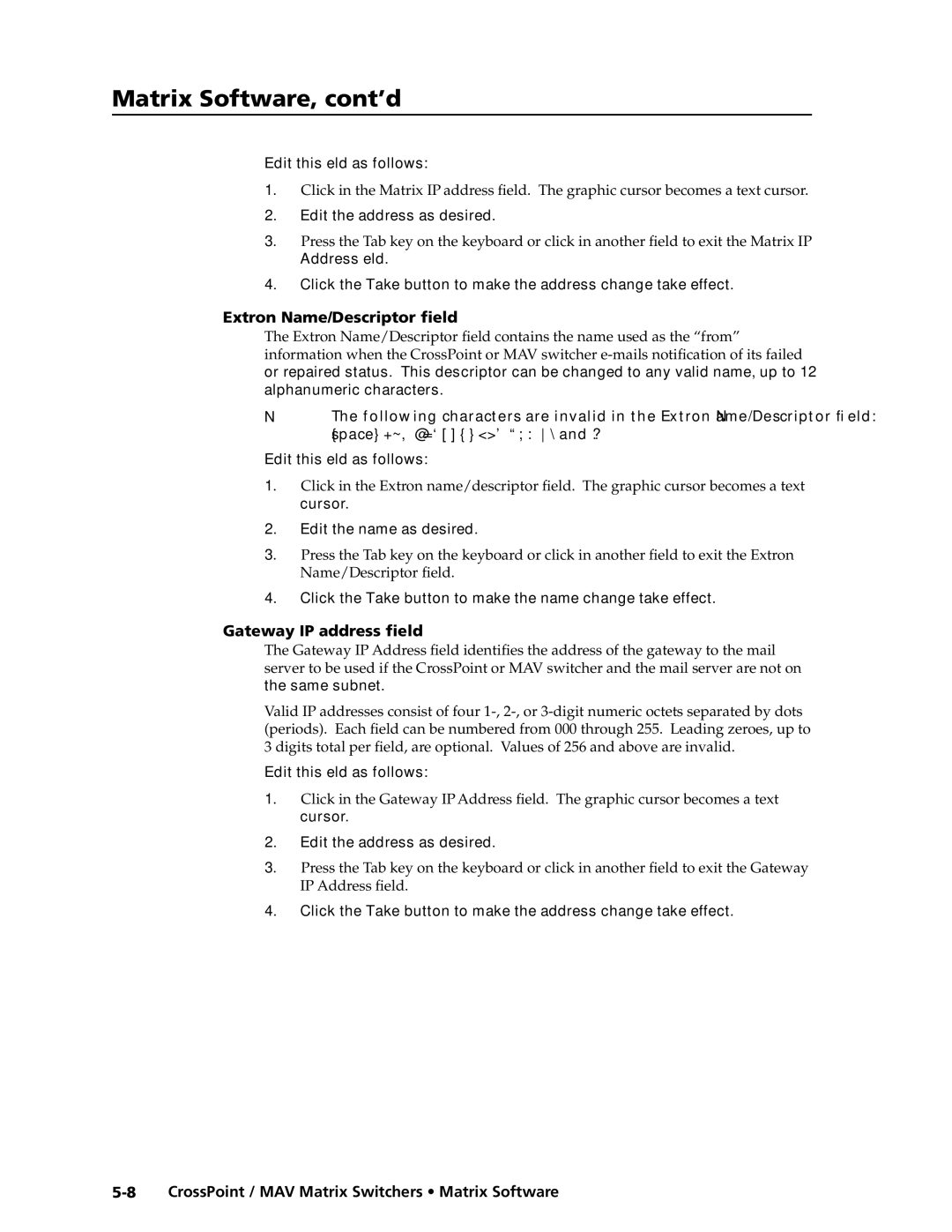 Extron electronic MAV Plus Series, Ultra Series Extron Name/Descriptor field, Gateway IP address field, IP Address field 