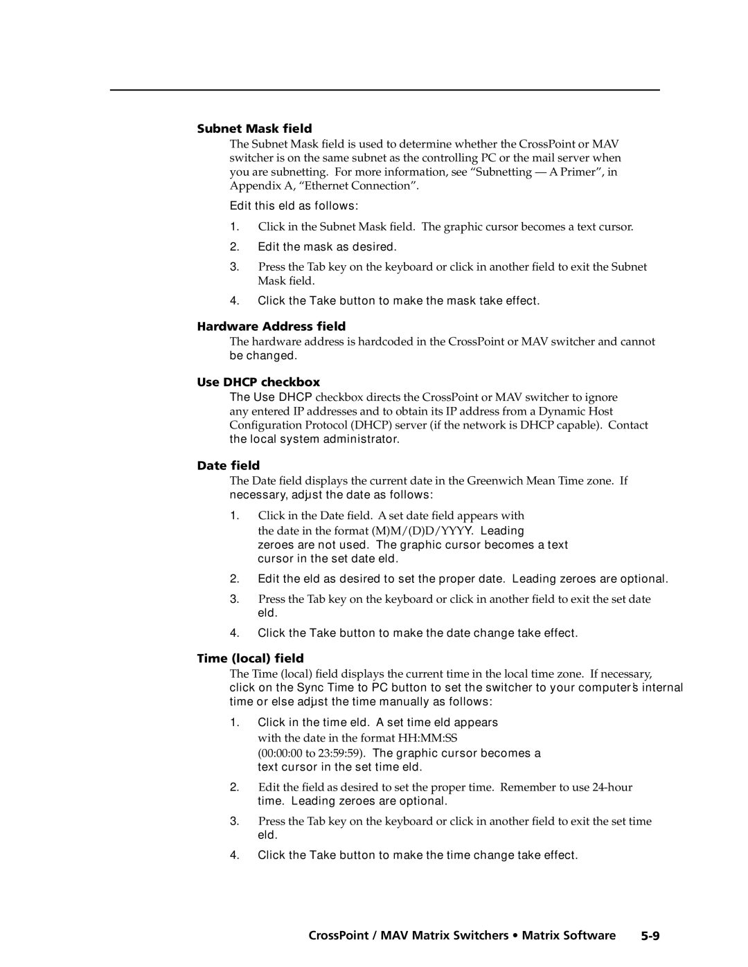 Extron electronic Ultra Series, MAV Plus Series Subnet Mask field, Hardware Address field, Use Dhcp checkbox, Date field 