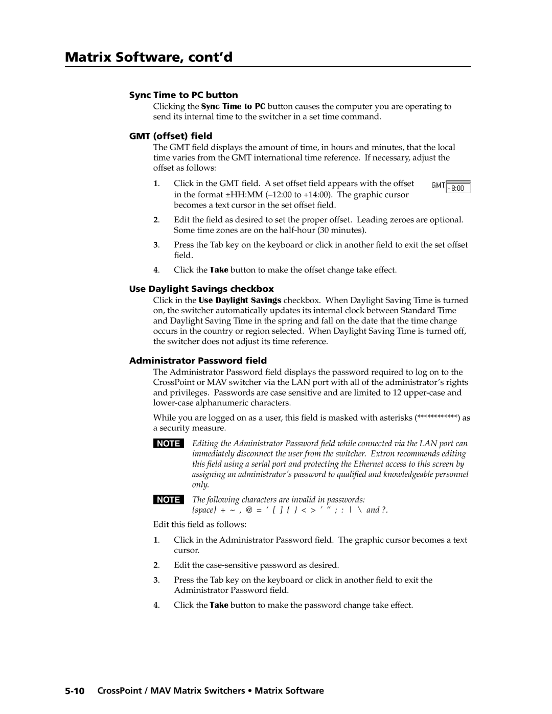 Extron electronic MAV Plus Series, Ultra Series Sync Time to PC button, GMT offset\⤀ field, Use Daylight Savings checkbox 