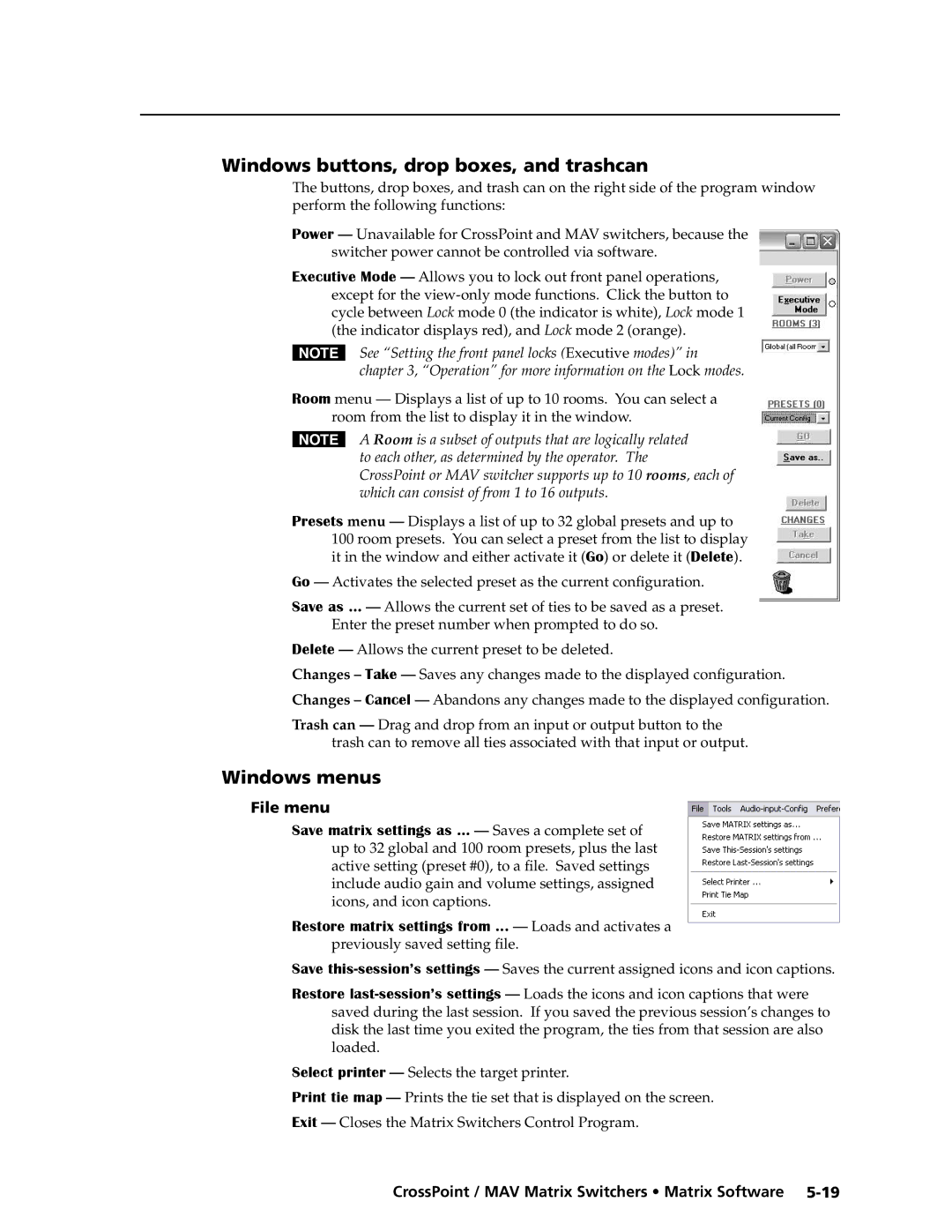 Extron electronic Ultra Series, MAV Plus Series manual Windows buttons, drop boxes, and trashcan, Windows menus, File menu 
