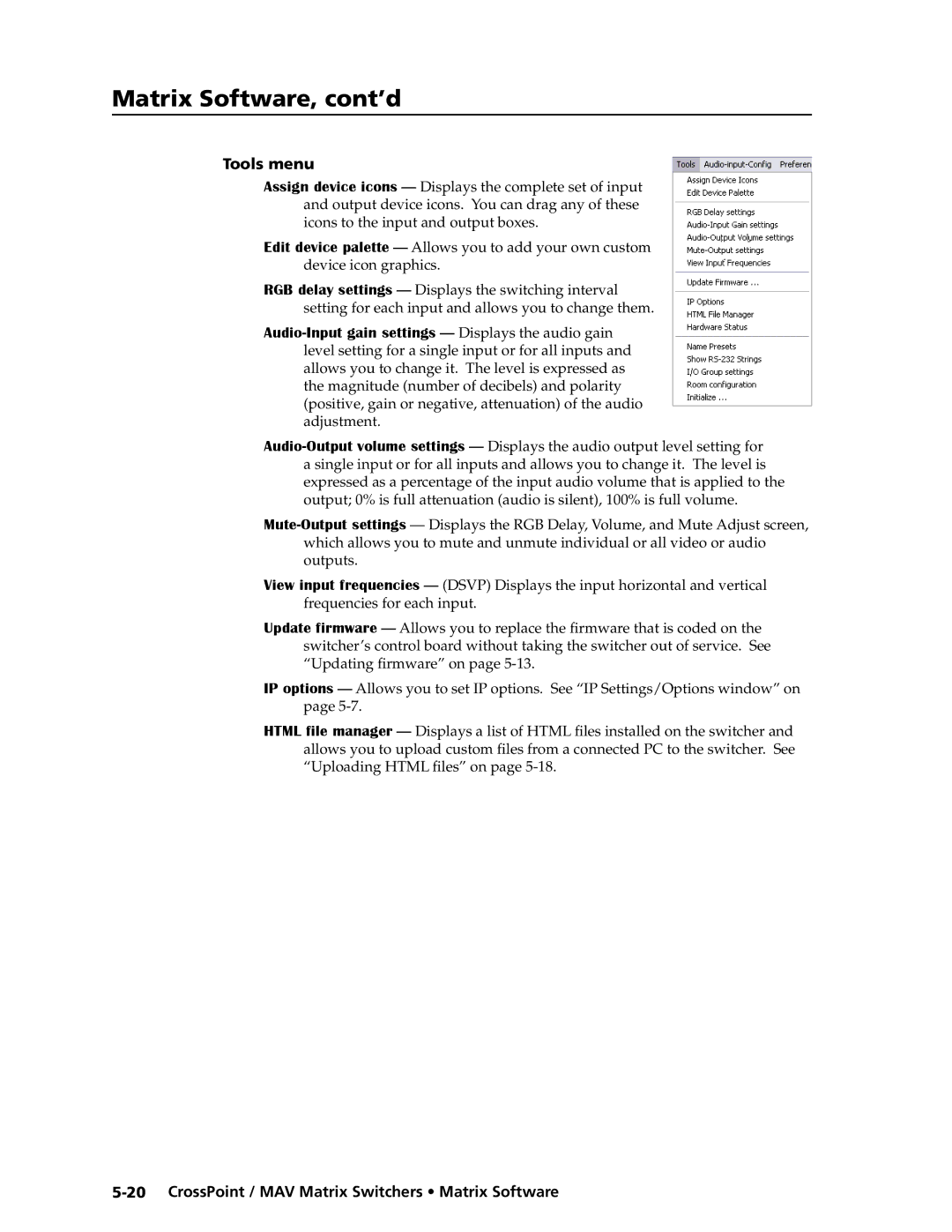 Extron electronic MAV Plus Series, Ultra Series manual Tools menu 