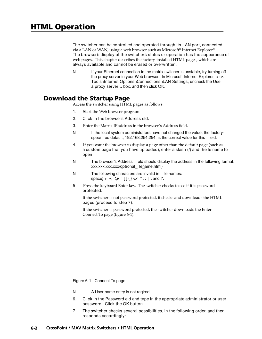 Extron electronic MAV Plus Series, Ultra Series manual Download the Startup, Access the switcher using Html pages as follows 