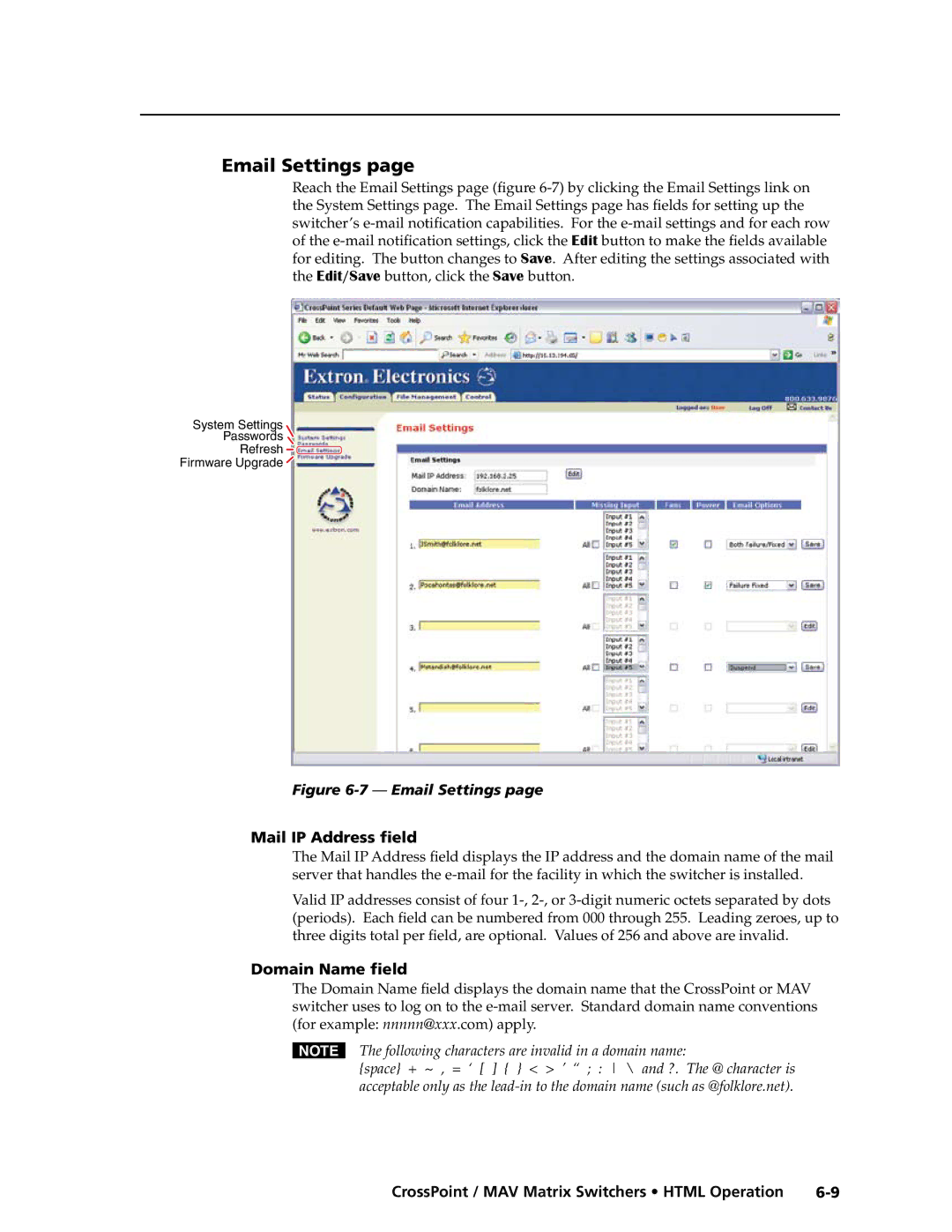 Extron electronic Ultra Series, MAV Plus Series manual Email Settings, Mail IP Address field, Domain Name field 