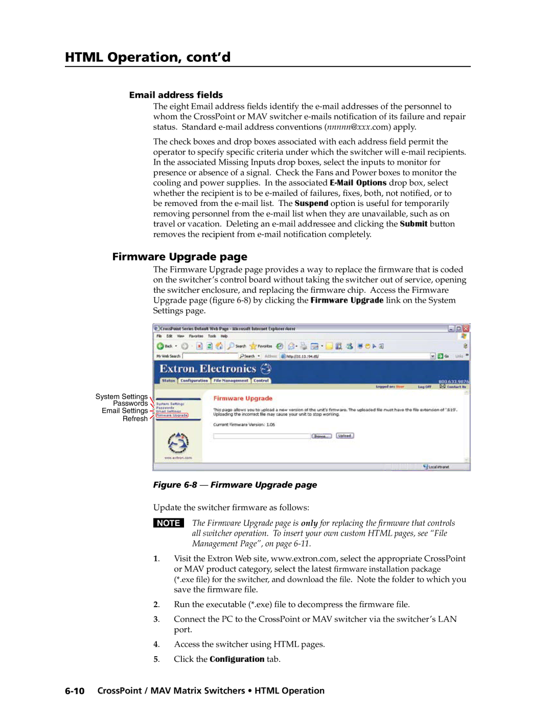 Extron electronic MAV Plus Series manual Firmware Upgrade, Email address fields, Access the switcher using Html pages 