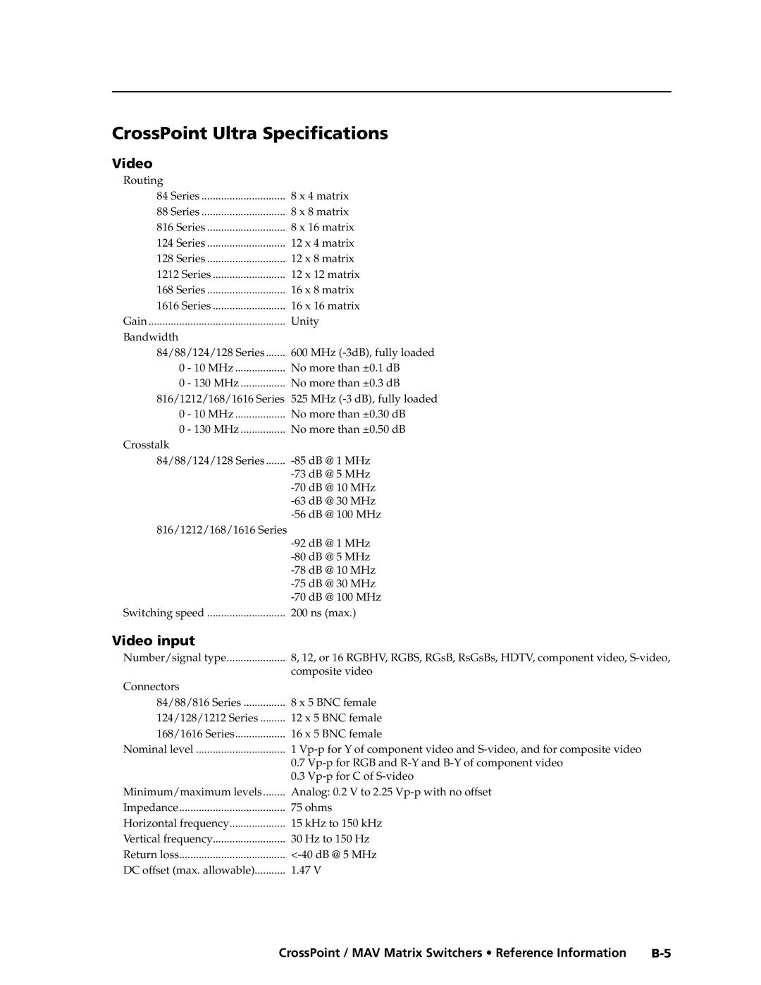 Extron electronic Ultra Series, MAV Plus Series manual CrossPoint Ultra Specifications, Video 