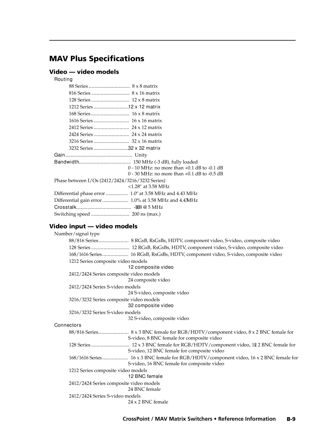 Extron electronic Ultra Series, MAV Plus Series manual MAV Plus Specifications, Video video models, Video input video models 