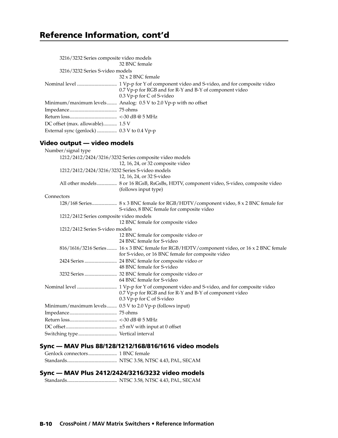 Extron electronic MAV Plus Series manual Video output video models, Sync MAV Plus 88/128/1212/168/816/1616 video models 