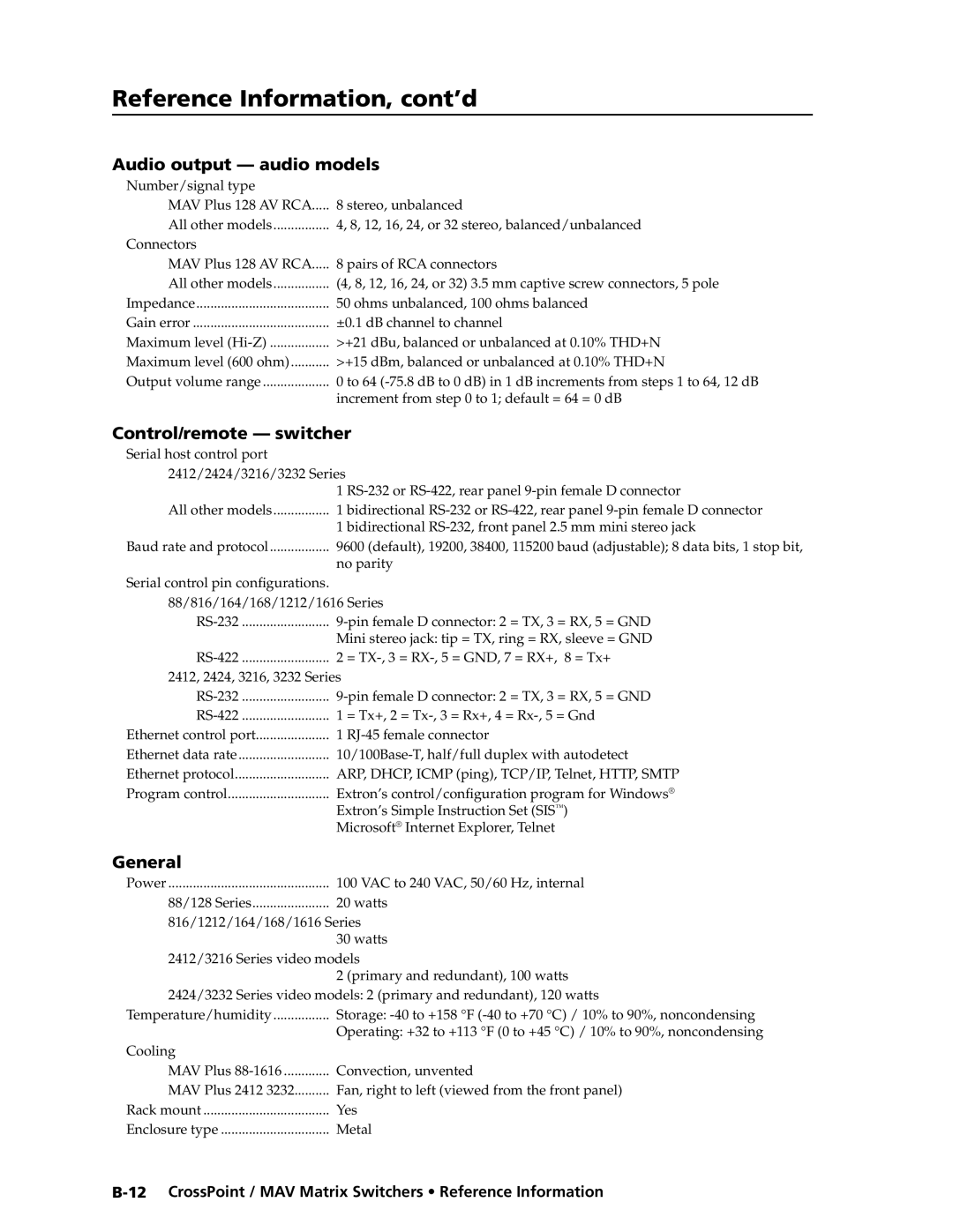 Extron electronic MAV Plus Series Audio output audio models, Bidirectional RS ‑232, front panel 2.5 mm mini stereo jack 